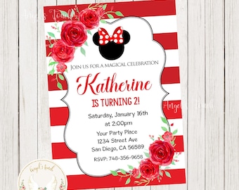 Minnie Mouse Birthday Invitation, Minnie Mouse Flowers Invitation, Minnie Mouse Red Party Invitation, Printable Invitation, Digital File.