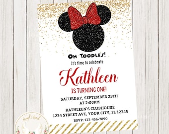Invitación de cumpleaños de Minnie Mouse, Invitación a la fiesta roja y negra de Minnie Mouse, Invitación a la fiesta de Minnie Mouse, Archivo digital imprimible.