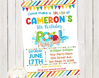 Pool Party Birthday Invitation, Pool Party Invitation, Pool Party Birthday Bash Invitation, Printable Invitation, Digital File.