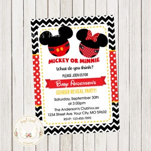 Mickey and Minnie Mouse Baby Gender Reveal Invitation, Mickey and Minnie Red Gender Reveal Invitation, Printable Invitation Digital File