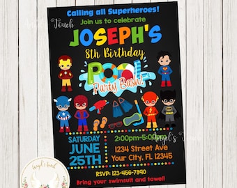 Superhero Boys Birthday Invitation, Superheroes Pool Party Invitation, Superhero Pool Birthday Bash Invitation, Printable Digital File.