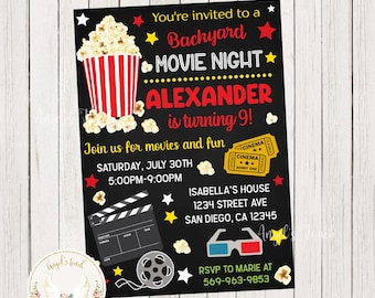 Backyard Movie Birthday Invitation, Movie Invitation, Movie Party Invitation, Movie Night Invitation, Printable Invitation, Digital File.