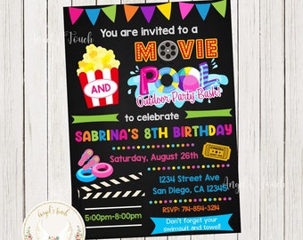Movie Pool Birthday Invitation, Pool and Movie Outdoor Party Bash Invitation, Pool Party Bash Invitation, Printable Invitation, Digital File