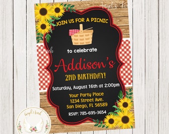 Picnic Birthday Party Invitation, Picnic Sunflowers Invitation, Sunflower Party Invitation, Printable Invitation, Digital File.