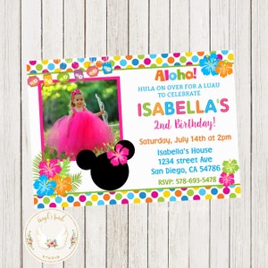 Minnie Mouse Luau Birthday Invitation, Luau Party Invitation, Minnie Mouse Girl Luau Party Invitation, Printable Invitation, Digital File.