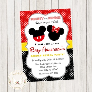 Mickey and Minnie Mouse Baby Gender Reveal Invitation, Mickey and Minnie Red Gender Reveal Invitation, Printable Invitation Digital File