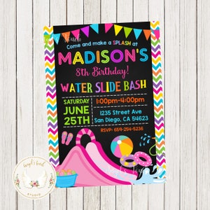 May include: A colorful invitation for a water slide birthday party. The invitation features a pink water slide, beach ball, and text that reads "Madison's 8th Birthday! Water Slide Bash". The invitation is decorated with a rainbow chevron border.