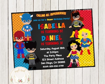 Superhero Girl and Boy Birthday Invitation, Superhero Birthday Invitation, Superheroes Kids Party Invitation, Printable Digital File