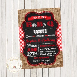 May include: A red and white gingham pattern with a black chalkboard background. The text on the chalkboard reads "Join us for a BabyQ Shower Honoring Sophia & Anthony Saturday June 27th 2:00pm-6:00pm Your Party Place 1234 Street Ave. Miami, CO 54789 RSVP: 748-356-9658 Registered at Target".