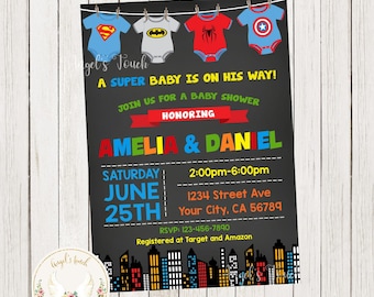 Superhero Baby Shower Invitation, Baby Shower Invitation, Superheroes Baby Shower, Superhero Invitation, Printable Invitation, Digital File.