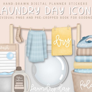 Digital Planner Sticker Book, Laundry Day Icons, Chores Stickers, PreCropped for Goodnotes, Hand Drawn, Country Farmhouse, Pre Cropped PNG