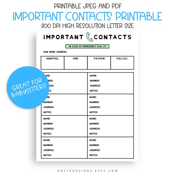 Contact List Printable Babysitter Emergency Preparedness - Etsy