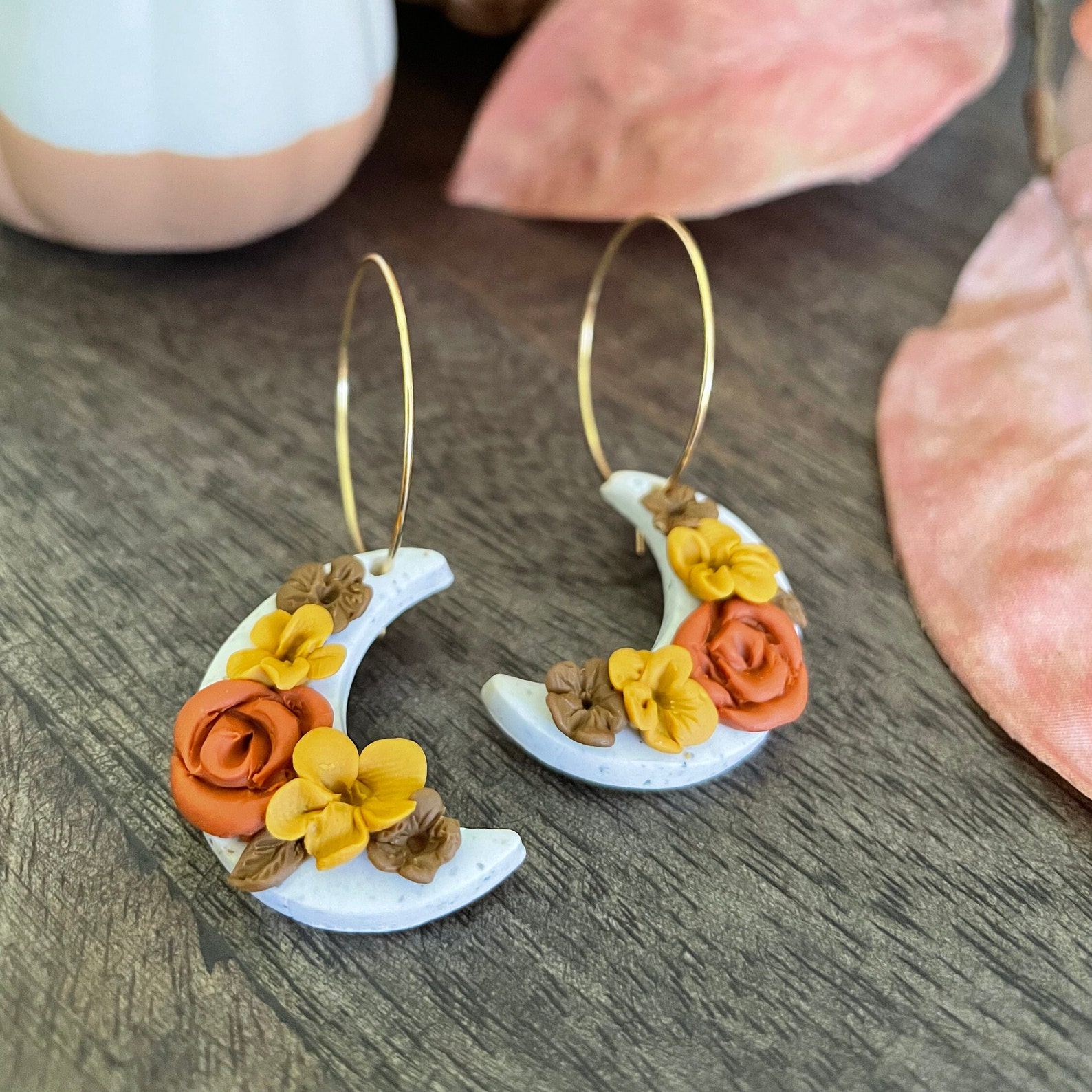 Handmade Polymer Clay Floral Moon Earrings - Etsy