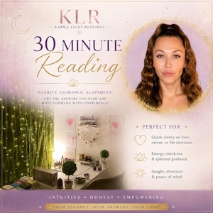 Op de afbeelding: Een promotionele afbeelding voor KLR Karma Light Readings voor een lezing van 30 minuten. De tekst bevat Clarity, Guidance, Alignment en somt voordelen op zoals snelle duidelijkheid over liefde, carrière of levensbeslissingen en spirituele begeleiding.