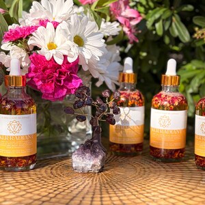 May include: Four glass bottles with gold-colored droppers and labels, filled with a liquid containing flower petals. A small amethyst tree sculpture and a vase of flowers are in the background. The labels read "All Radiant".