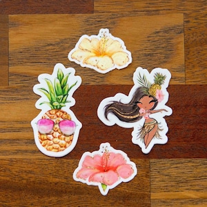 Aloha Decal Set (4) – Hula Dancer, Pineapple, Hibiscus Waterproof Stickers – Perfect for Hydroflasks, Laptops, and Cars