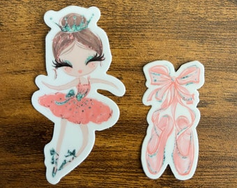 Brown-Haired Ballerina Decal + Ballet Shoes – Waterproof Vinyl Sticker Set – Perfect for Water Bottles, Laptops, and Cars