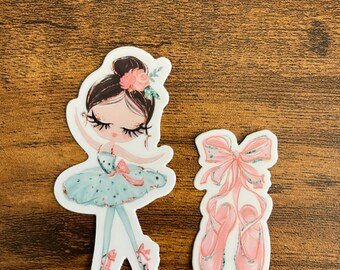 Brown-Haired Ballerina Decal + Ballet Shoes Sticker Set – Waterproof Vinyl Sticker – Perfect for Water Bottles, Laptops, and Cars