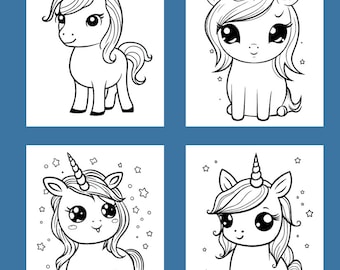 May include: Four black and white line drawings of cute unicorns with big eyes and curled horns. Each unicorn is in a different pose and has a different expression. The unicorns are surrounded by stars.