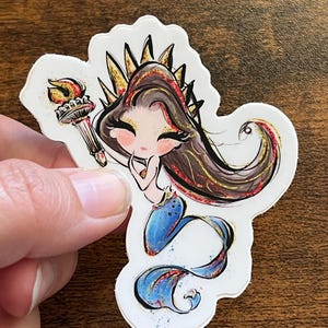 America Mermaid Decal – Brown-Haired 4th of July Mermaid Sticker – Waterproof Vinyl for Hydroflasks, Laptops, and Cars