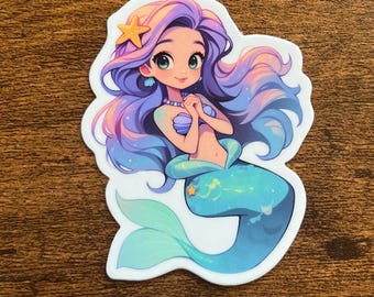 Purple-Haired Mermaid Decal – Teal Tail Mermaid Vinyl Sticker – Magical Ocean Mermaid for Car, Laptop, Water Bottle