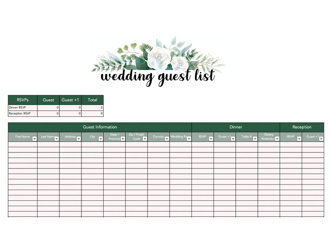 Rustic Wedding Guest List Template Guest List RSVP List Etsy