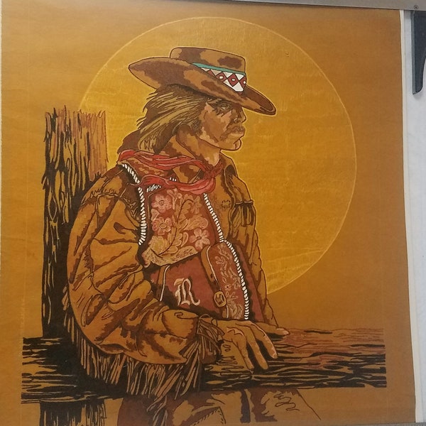 Cowboy Art, Groovy signed original print painting artwork on velour medium from estate out of a hip MCM house.