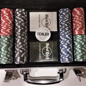 Travel Poker chip set, Metal case from Hard Rock Cafe, Hologram Sticker image 3