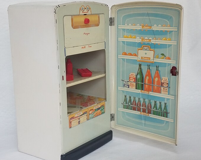 Vintage Marx Tin Toy Refrigerator & Accessories, 1950s RETRO Look