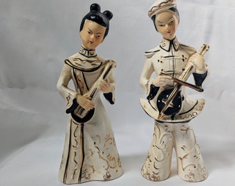 Mid 20th century ceramic figurines Asian man & woman mandolins, renaissance  type costumes, label JAPAN