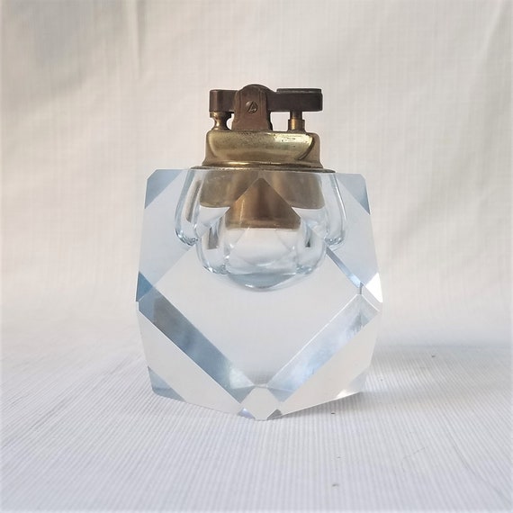modern cigarette lighter Tabletop Lighter, Mid Century Modern, Cut Glass Desk Cigarette Lighter,  Italy