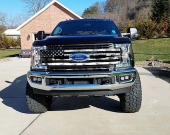 Tactical Black White Gray USA American Flag Ford Grill Skin