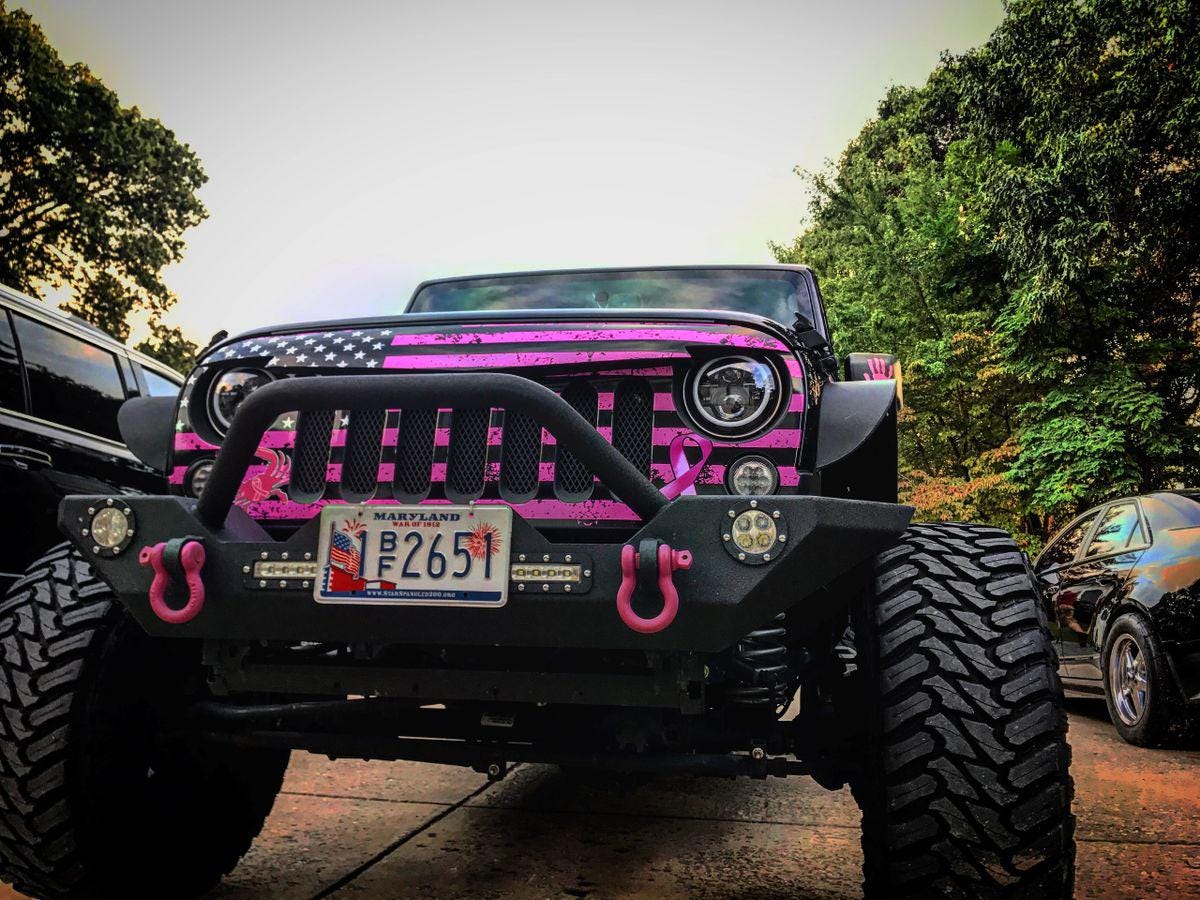 Fight Cancer Distressed USA American Flag Jeep Grill Skin Vinyl Grill Wrap Sticker Decal Overlay