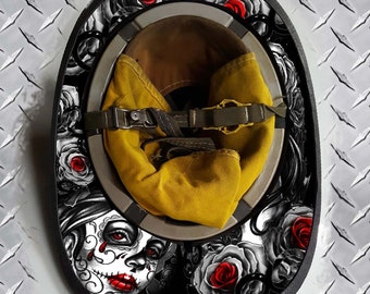 Dark Portrait Red Rose Sugar Skull Fire Helmet Wrap Brim Trim Decal Overlay Label