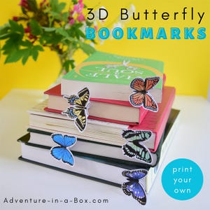 May include: A stack of books with colorful butterfly bookmarks. The bookmarks are in various colors, including blue, orange, and yellow. The text "3D Butterfly Bookmarks" is at the top of the image.