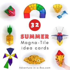 Op de afbeelding: 32 Zomer Magna-Tile ideekaarten met kleurrijke magnetische tegels in verschillende vormen en ontwerpen. De kaarten laten voorbeelden zien van hoe je een regenboog boog, een ananas, een hoed, een insect, een bloem en een kegel kunt bouwen.