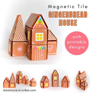 Puede incluir: Azulejos magnéticos de casa de jengibre con diseños imprimibles. Los azulejos marrones presentan detalles de glaseado blanco, ventanas amarillas y detalles de puertas coloridas. El texto "Magnetic Tile GINGERBREAD HOUSE" es visible.