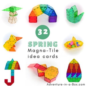 Könnte beinhalten: 32 Frühlings-Magna-Tile-Ideenkarten mit bunten magnetischen Fliesen in verschiedenen Formen und Größen. Die Karten zeigen Beispiele für verschiedene Strukturen, die mit den Fliesen gebaut werden können, darunter ein Frosch, ein Regenschirm, ein Korb und ein Ei.