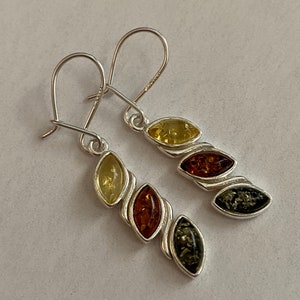 Three Tone Natural Amber, Sterling silver 925 earrings
