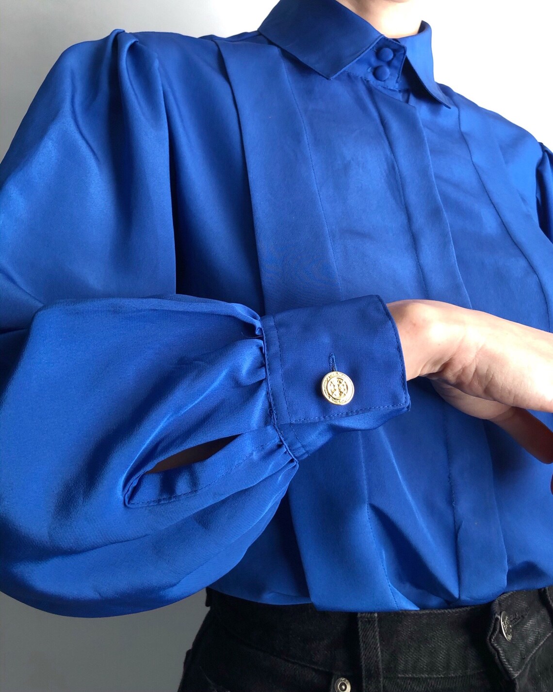 Vintage silky pleat front button down shirt in cobalt blue / | Etsy