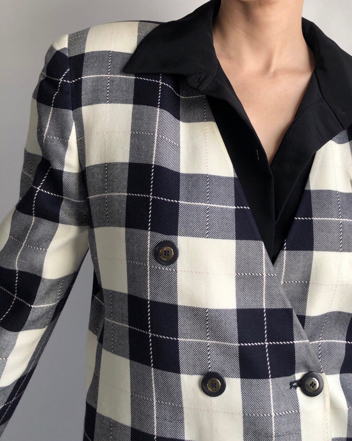 Vintage collarless black/white plaid double breasted blazer | Etsy