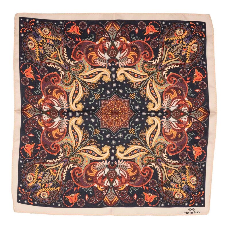 Brown and Cream Printed 100/% Silk Pocket Square