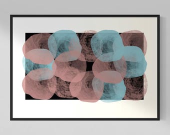 May include: Abstract art print with overlapping watercolour circles in dusty rose, teal, and brown against a black rectangular backdrop. The artwork is framed in a black border, creating a modern aesthetic.
