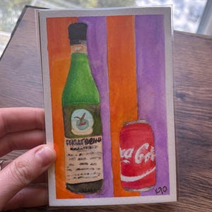 May include: Watercolor painting of a green bottle with a black cap and a red Coca-Cola can. The bottle has text that reads "Perrier-Rana". The background is divided into orange and purple vertical stripes. The number "190" is in the bottom right corner.