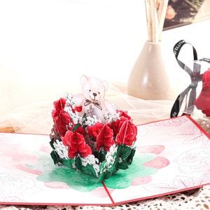 Liif Teddy Rose Día de San Valentín Saludo 3D Pop Up Tarjeta de San Valentín, Feliz aniversario, Cumpleaños, Boda, Compromiso para Esposa, Mamá, Novia