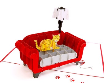Tarjeta de felicitación desplegable 3D Kitty Couch, regalo para amantes de los gatos