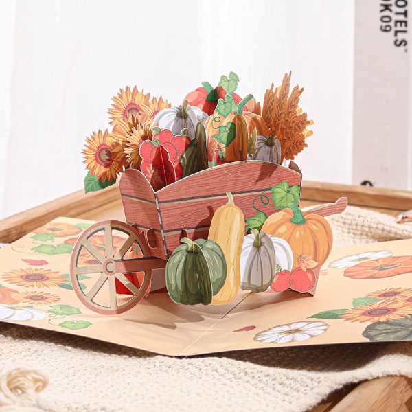 Liif Pumpkin Wagon 3D Greeting Pop Up Thanksgiving Card, Fall Card, Autumn, Sunflower, Halloween, Holiday Card For Family, Grandma, Mother