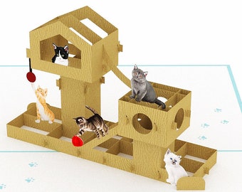 Liif Funny Cat Tree With Cute Cats 3D Greeting Pop Up Card, Happy Cat Birthday Card, Kitten, Pet, Animal, Thinking Of You, Retirement