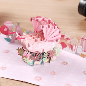 Liif Rosa Baby Mädchen Kinderwagen 3D Pop Up Karte, neues Baby, Babypartykarte für Mädchen, Neugeborene