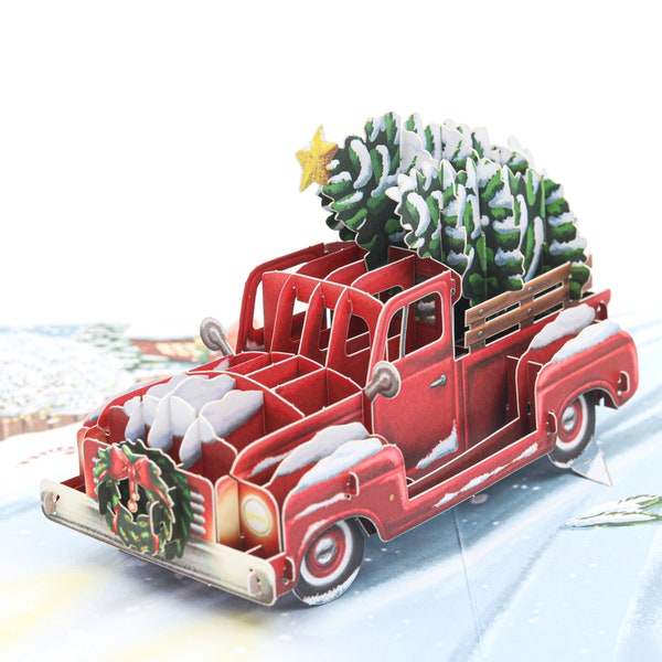 Liif Christmas Tree Red Truck 3D Greeting Pop Up Christmas Card, Holiday Card For Kids, Winter Card